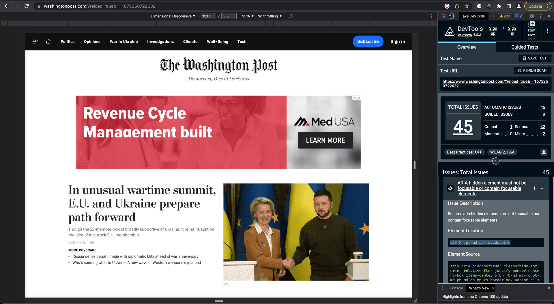 Screenshot shows the axe DevTools menu open to the right of The Post's homepage. In the axe DevTools menu, the results of full page scan are shown. A total of 45 issues were flagged, and the details of the first issue are expanded below the total.